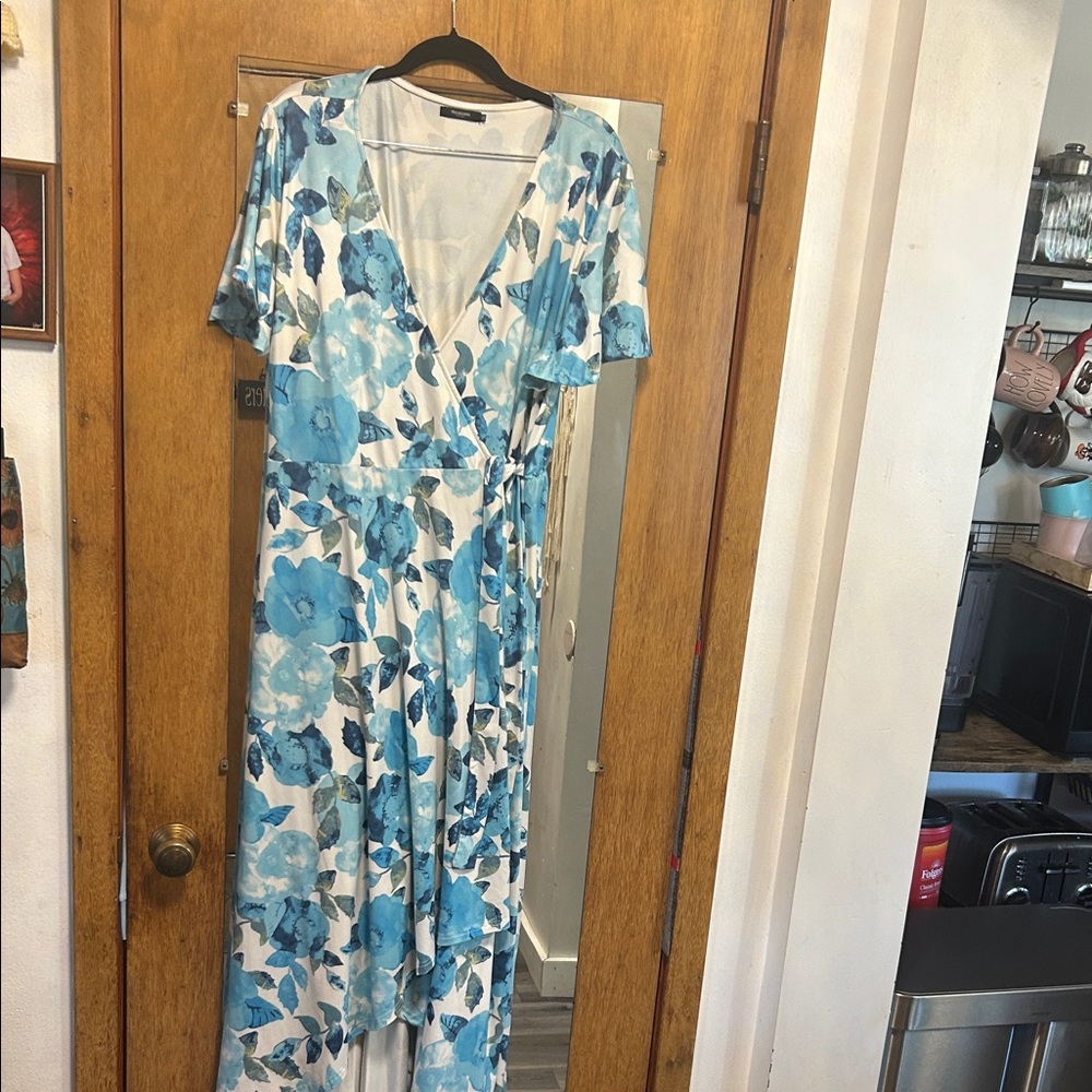 Reborn Blue & White Floral Wrap Maxi Dress